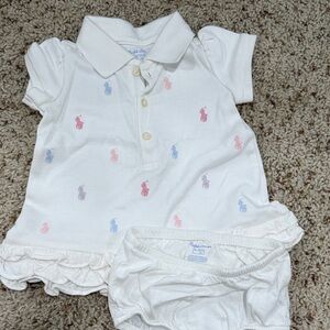Ralph Lauren White Baby Polo Dress with Pastel Pink, Blue & Lavender Pony Logos